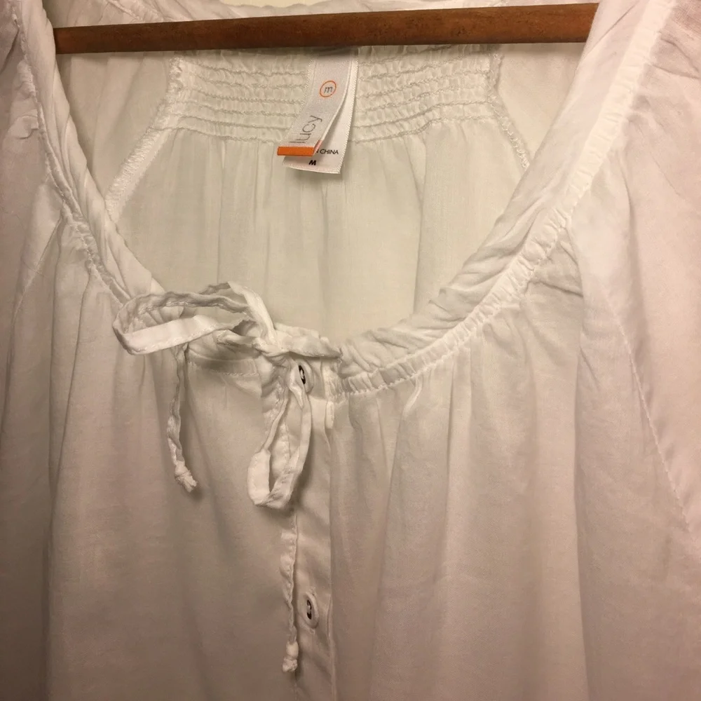 LUCY Button Up Semi Sheer Blouse Drawstring Neck M - Picture 5 of 8